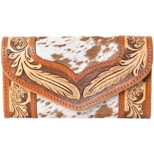 Women's Western Cowhide Leather Trifold Wallet with Rose Design - Handmade Rusti